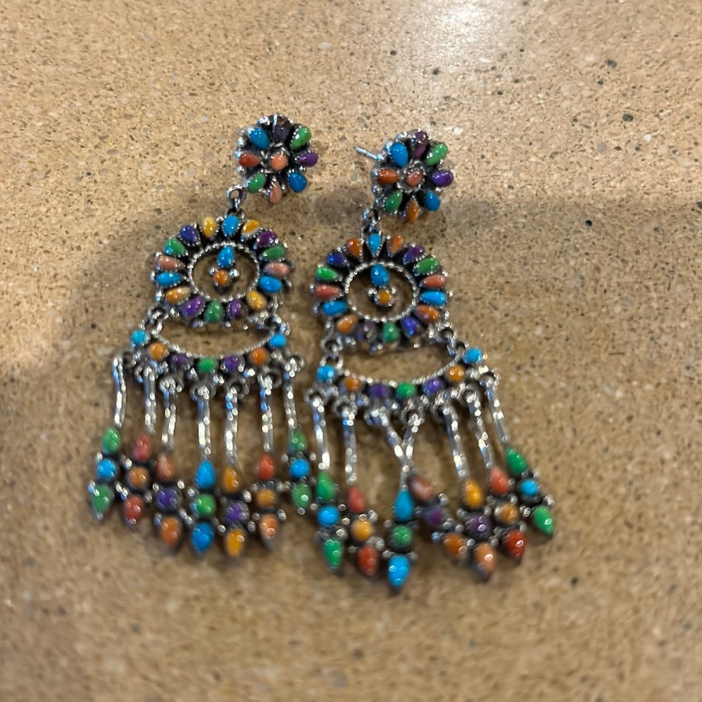 Native American? Turquoise  multistone sterling earrings 2 3/8 inches long